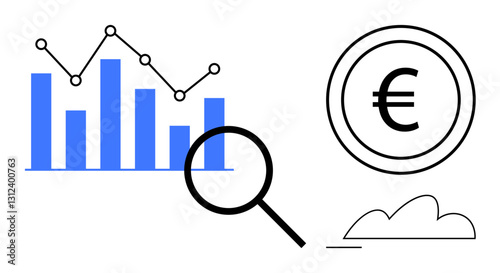 Blue bar chart with line graph points, magnifying glass, Euro currency, and cloud. Ideal for finance, analytics, business strategy, market trends statistics data visualization currency. Flat