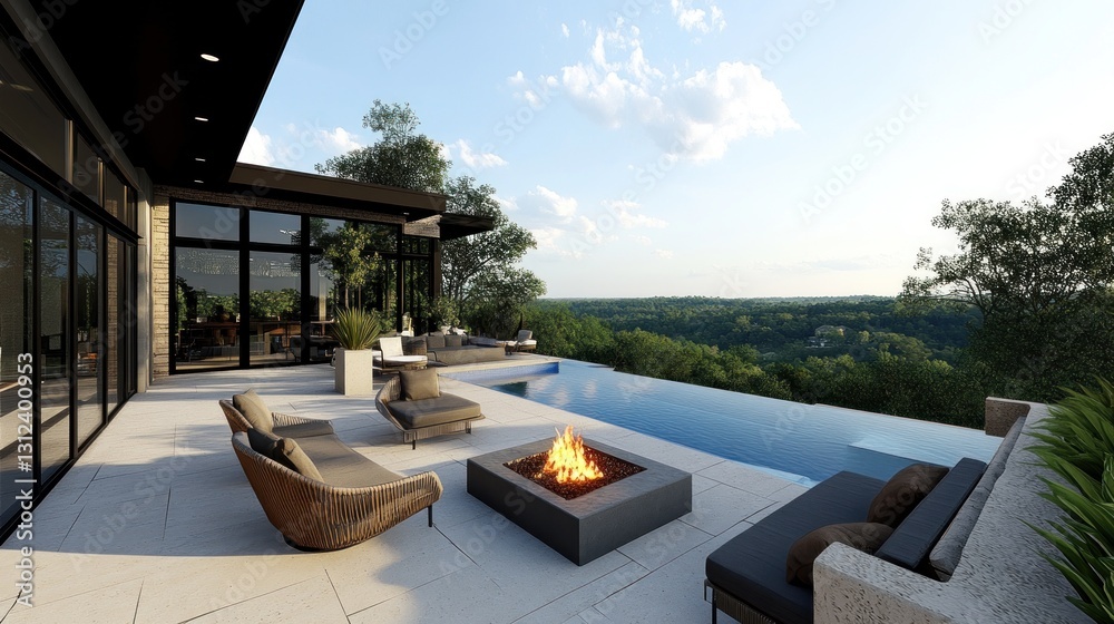 Fototapeta premium Modern patio home with a pool fire pit and surrounding nature