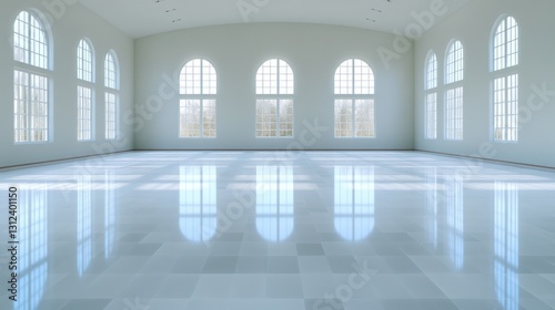 Serene Empty Hallway with Arch Windows and Polished Floor