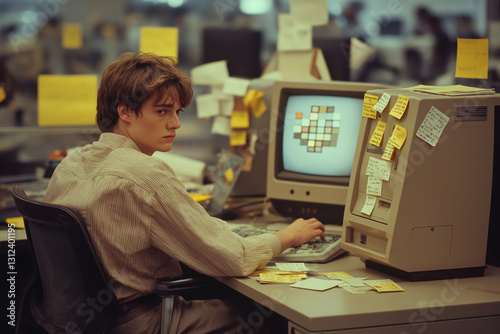A nostalgic 90s office cubicle filled with clutter, reflecting the era's productivity