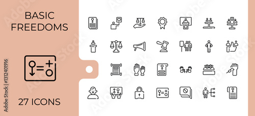 Human Rights icon set. Contains linear outline icons like discrimination, protection, hand, voting, donation and more. Simple line vector. Minimalist vector collections.