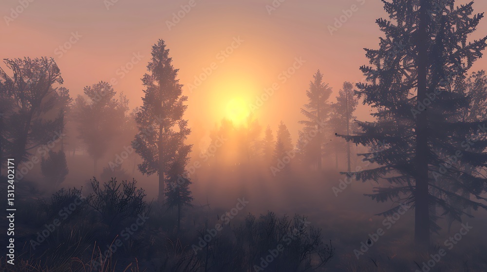 Naklejka premium The first light of day breaking over a misty forest, with trees silhouetted against the soft glow of the rising sun, 8k