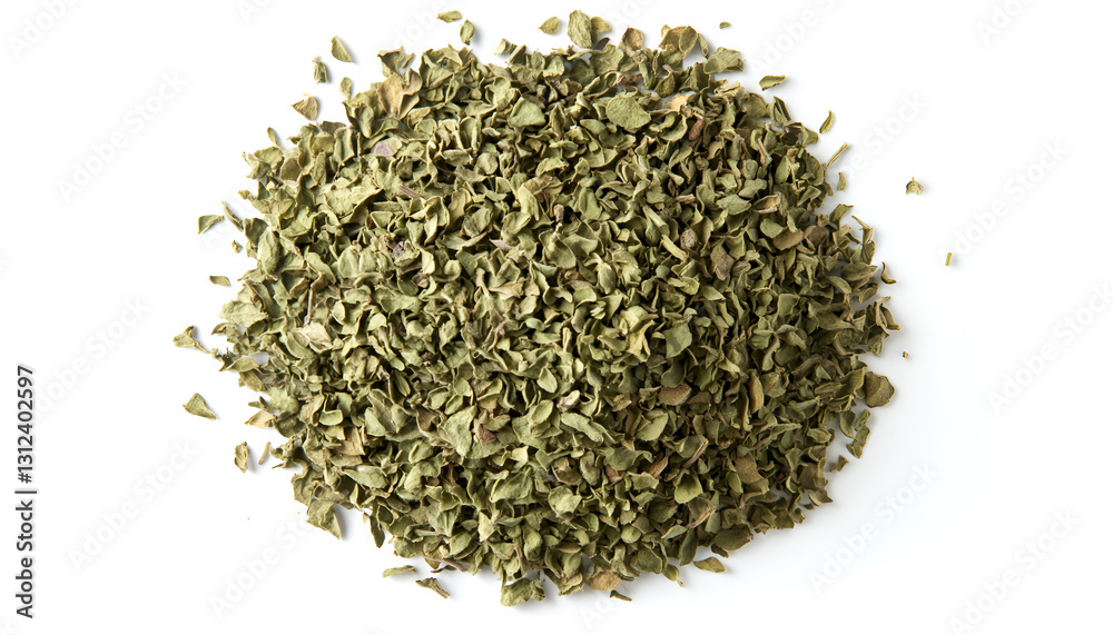 Heap of dried oregano isolated on white, top view Heap of dried oregano isolated on white, top view