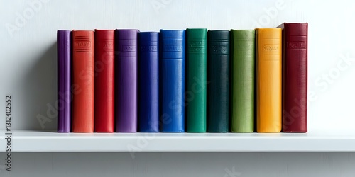 Row of colorful hardcover books standing in line on white shelf against neutral wall background, arranged in rainbow spectrum order showing spines with minimal design.