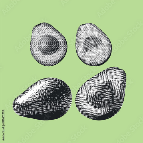 Avocado line drawing illustration, halves arranged in different ways on a green background.