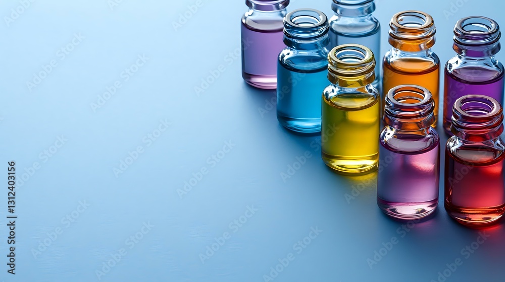 Small glass vials with colorful liquid samples arranged diagonally on blue background, laboratory research concept for medical or cosmetic industry. Small glass vials with colorful liquid samples arranged diagonally on blue background, laboratory research concept for medical or cosmetic industry.