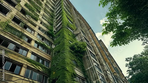 A tall building partially covered by lush green ivy, blending urban structure with nature.
