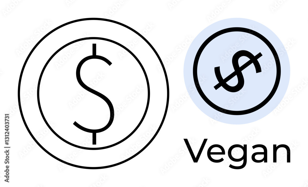 Two dollar sign icons in simple circles, one struck through beside Vegan label. Ideal for finance, ethics, sustainability, budgeting, branding, lifestyle modern simplicity. Flat simple metaphor Two dollar sign icons in simple circles, one struck through beside Vegan label. Ideal for finance, ethics, sustainability, budgeting, branding, lifestyle modern simplicity. Flat simple metaphor
