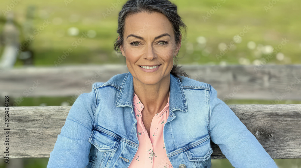 Smiling woman in denim jacket relaxing on wooden fence in sunny outdoor setting Smiling woman in denim jacket relaxing on wooden fence in sunny outdoor setting