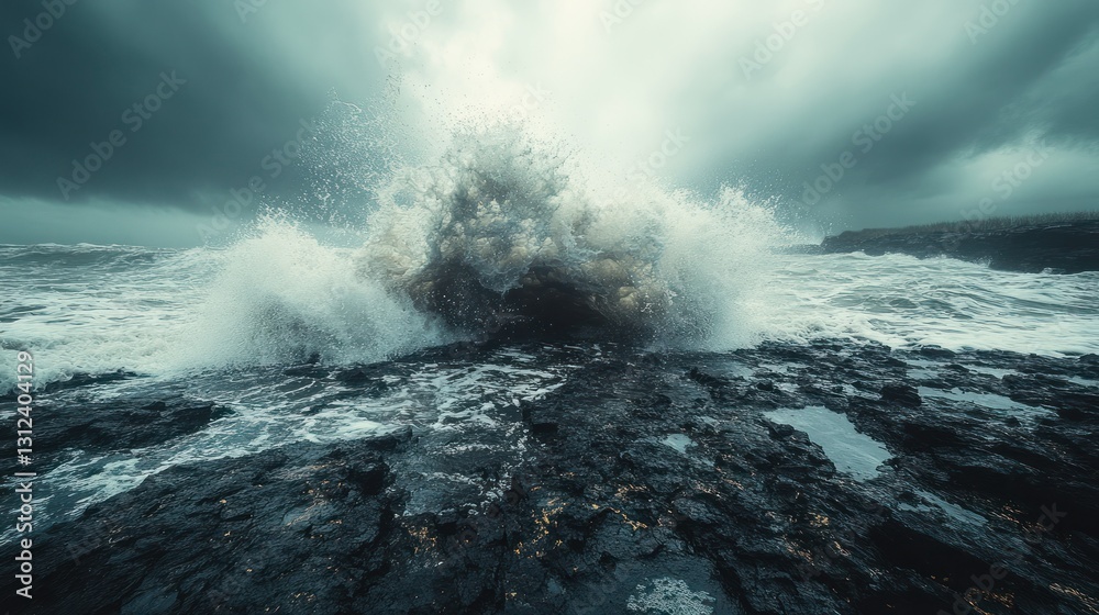 Obraz premium Powerful waves crashing on rocks in a stormy sea