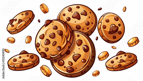 chocolate chip cookies floating/falling isolated on a white background transparent