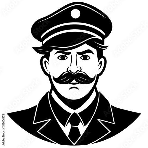 police officer with an exaggerated, curled mustache on white background