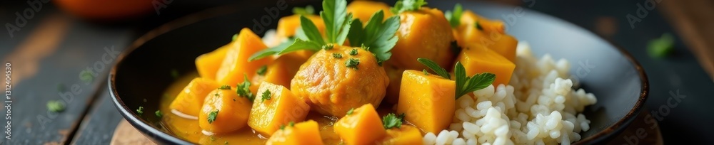 Rich turkey curry with sweet mango, served on black plate with fluffy rice, close-up, turkey curry, comfort Rich turkey curry with sweet mango, served on black plate with fluffy rice, close-up, turkey curry, comfort
