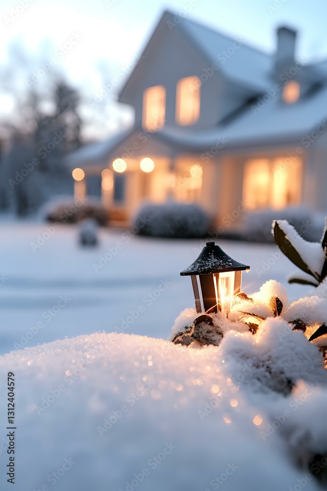 Naklejka premium Cozy winter evening with glowing garden lantern covered in fresh snow, warm light streaming from windows of residential house in background.