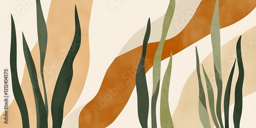 Abstract art featuring stylized plants with earthy tones and flowing lines