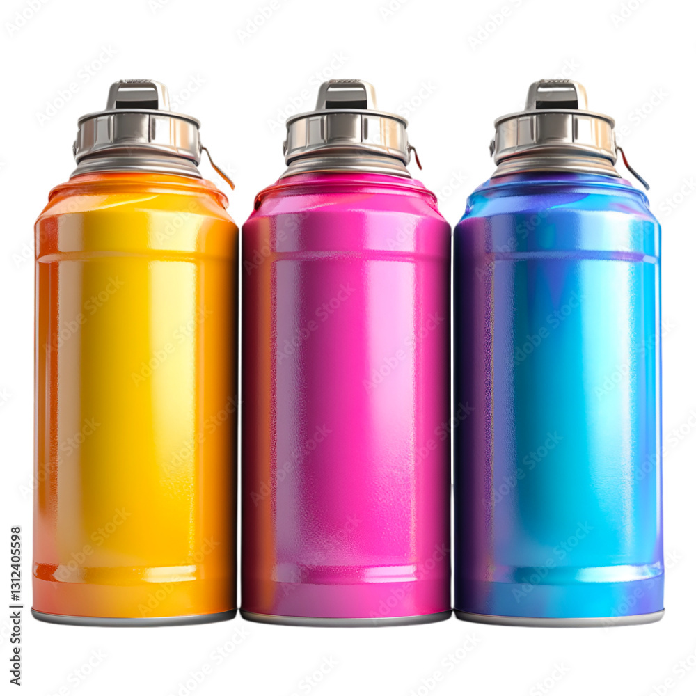 Colorful Metal Water Bottles in a Row Bright Yellow Pink and Blue Thermoses, Colorful Metal Water Bottles in a Row Bright Yellow Pink and Blue Thermoses,