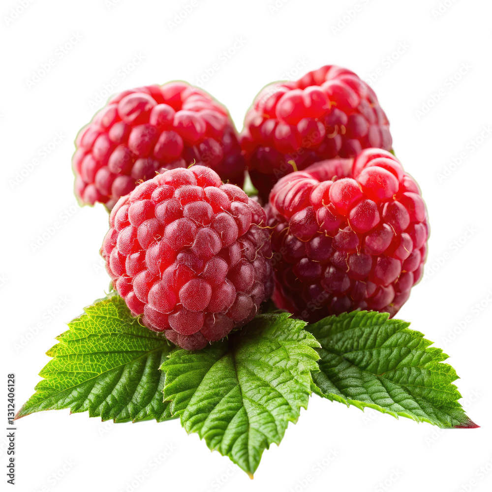 Fresh ripe raspberries with green leaves on a white background Fresh ripe raspberries with green leaves on a white background