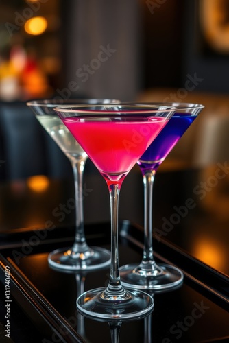 Wallpaper Mural Colorful cocktails arranged on a black tray. Red, blue and white liquid in tall glasses with stems. Torontodigital.ca