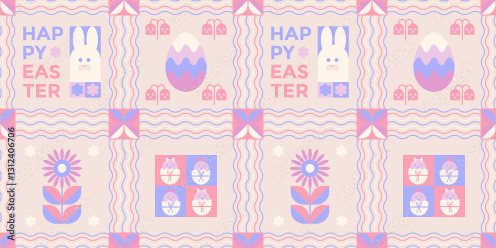 Happy Easter seamless vector pattern. Geometric Easter bunnies, eggs and flowers in pastel colors. Decorative Easter eggs. Easter background for greeting cards, packaging, banners Happy Easter seamless vector pattern. Geometric Easter bunnies, eggs and flowers in pastel colors. Decorative Easter eggs. Easter background for greeting cards, packaging, banners
