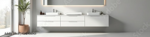 Sleek white vanity cabinet, modern design, full-length view , bathroom furniture, vanity unit, cosmetic storage