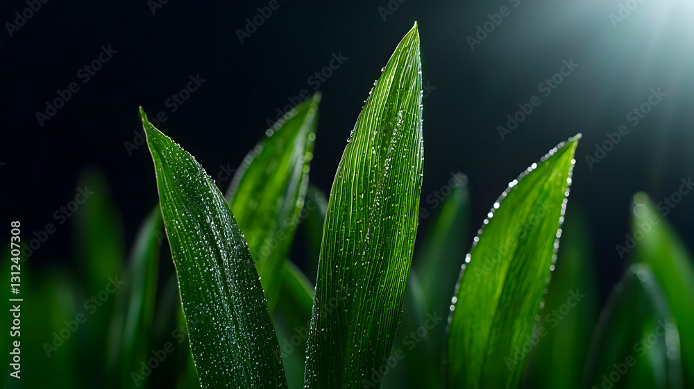 Fresh green leaves covered with water droplets against dark background Fresh green leaves covered with water droplets against dark background