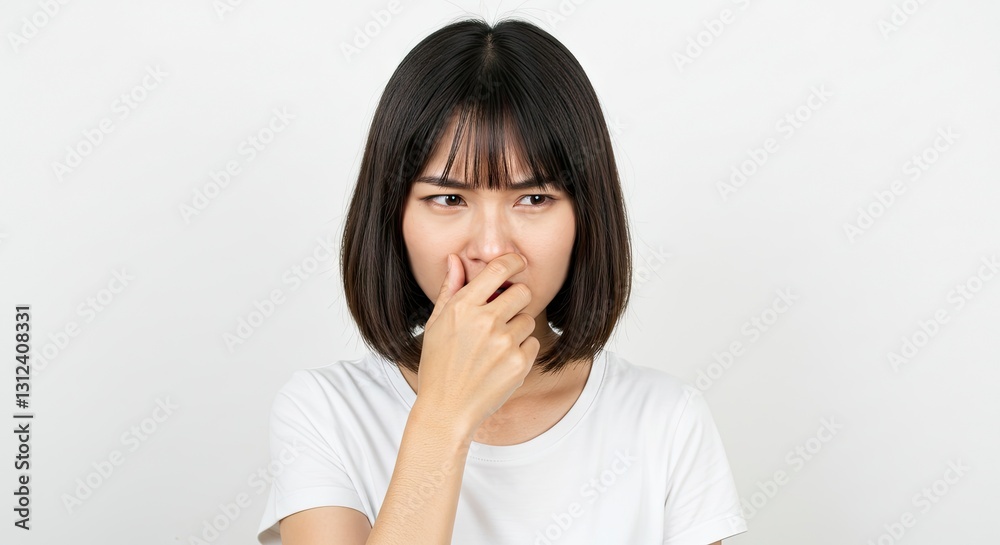 Woman Holding Nose with Unhappy Facial Expression Due to Bad Smell Woman Holding Nose with Unhappy Facial Expression Due to Bad Smell