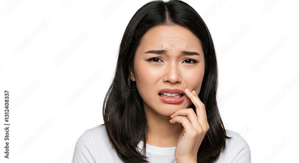 Worried Asian Woman Experiencing Toothache Touching Face in Pain Worried Asian Woman Experiencing Toothache Touching Face in Pain