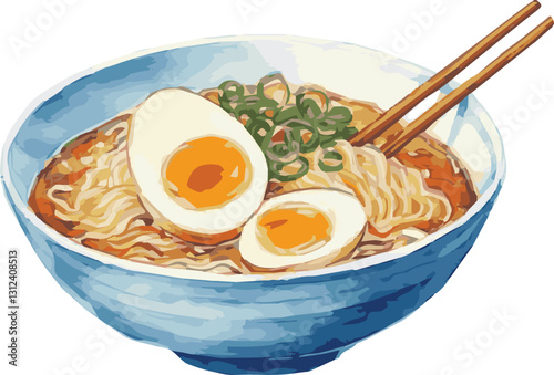 Watercolor vector illustration of a bowl of ramen