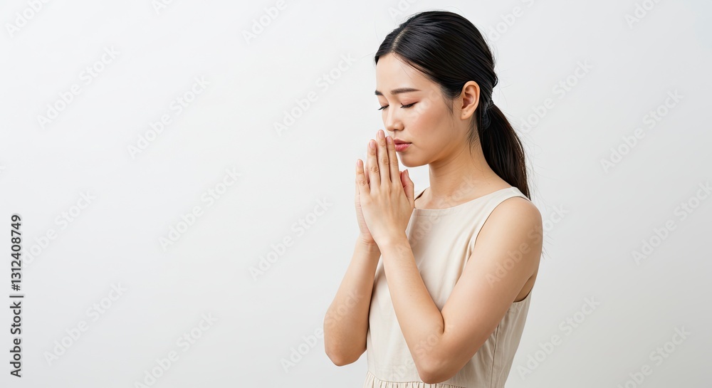 Woman Praying with Hands Clasped in Quiet Contemplation on White Background Woman Praying with Hands Clasped in Quiet Contemplation on White Background