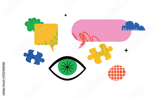 A vivid illustration depicting a large eye, speech bubbles, and puzzle pieces. A metaphor for vision, creativity, and wisdom.