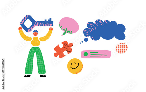 A vivid illustration with a stylized figure holding a large key, surrounded by speech bubbles, a puzzle piece and a smiley face. A symbol of achievement and finding a solution.