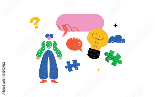 A whimsical illustration featuring a stylized human figure, speech bubbles, a light bulb and puzzle pieces, and a question mark. A metaphor for finding solutions and solving problems.