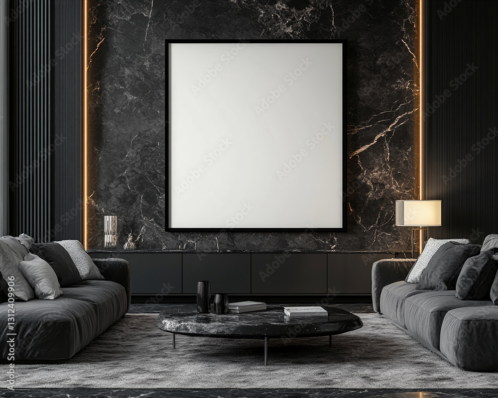 Large blank frame on dark marble wall in modern living room setting with sofas and coffee table, showcasing a minimalist and luxurious interior design, ideal for advertisement mockup Large blank frame on dark marble wall in modern living room setting with sofas and coffee table, showcasing a minimalist and luxurious interior design, ideal for advertisement mockup