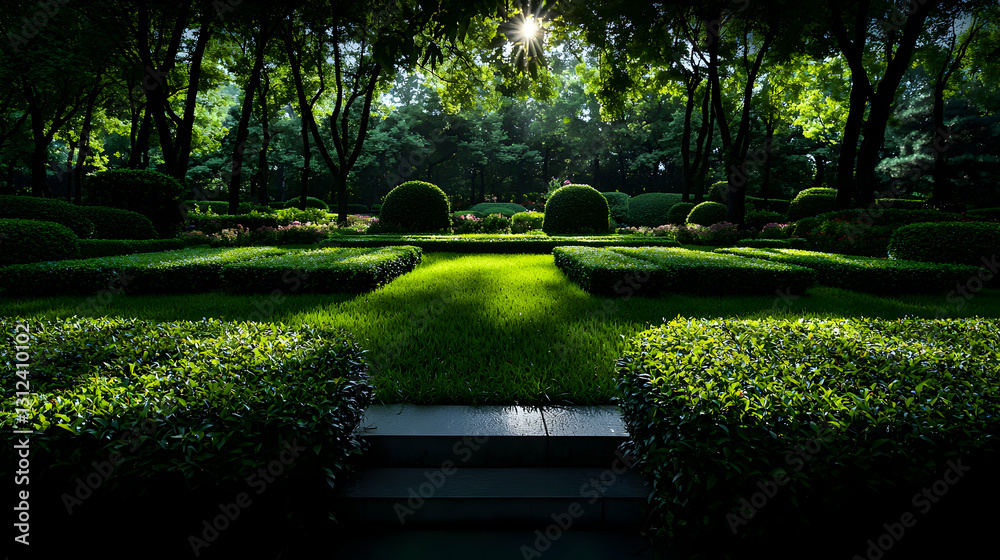 Fototapeta premium A beautifully manicured garden with lush greenery and trees