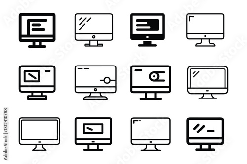 Set of computer monitor line art vector icon illustration on white background.
