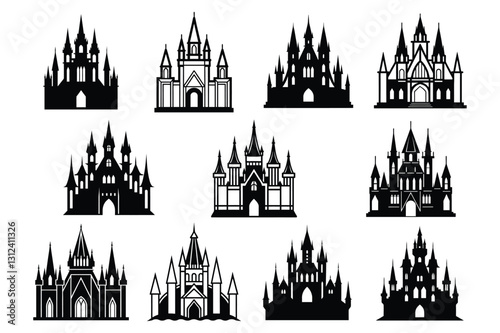 Set of gotic architecture silhouette vector illustration on white background.