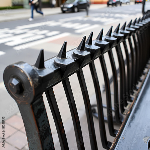 A close-up of a metal bench with spikes along the top, situated on a city sidewalk. photo