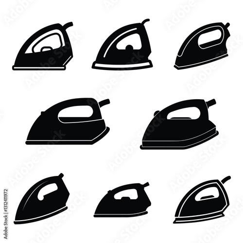 Set of iron, electric iron silhouette vector icon illustration on white background.