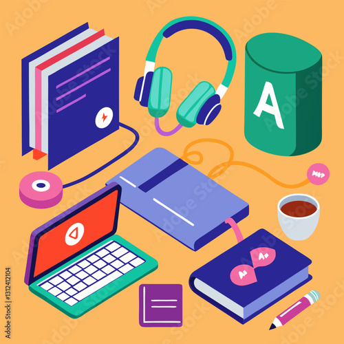 Foreign language learning tools image. Isometric style. Vector illustration.