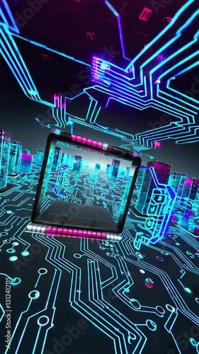 Futuristic neon circuit cityscape featuring hovering digital portals and dynamic light trails
