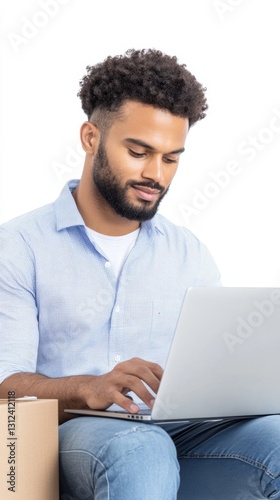 man using laptop near boxes, small business concept. ai generated
