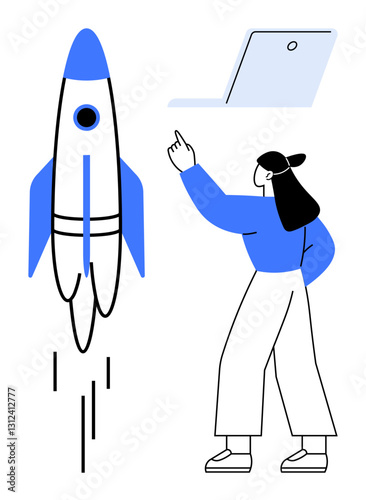 Woman pointing at a launching rocket with a laptop nearby, symbolizing ideas, innovation, startups, development, success, technology, and education. Ideal for creativity teamwork entrepreneurship