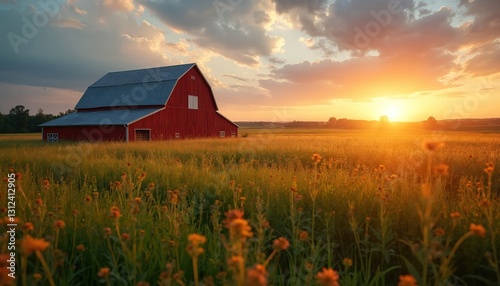 Idyllic sunset landscape featuring red barn in golden field. Tranquil rural farm scenery. Warm sunlight bathes rustic farmstead, evokes peaceful country life mood, agriculture, harvesting, natural