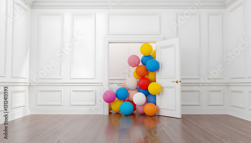 Colorful Balloons Spill from Door