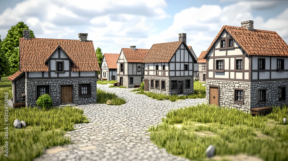 Medieval Village with Stone Houses and Cobblestone Paths Medieval Village with Stone Houses and Cobblestone Paths