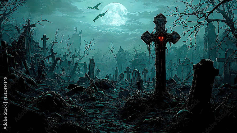 Obraz premium Features a hooded Grim Reaper with a skull skeleton and undead dark fantasy theme. Eerie Graveyard Scene with Glowing Cross at Night