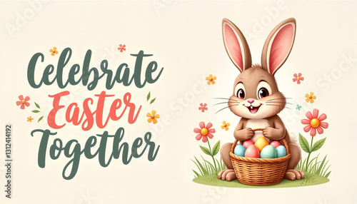Cheerful Easter Bunny holding a wicker basket filled with pastel eggs and flowers beside a whimsical 