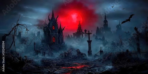 Features a hooded Grim Reaper with a skull skeleton and undead dark fantasy theme. Enigmatic Gothic Castle Under Blood Moon at Night