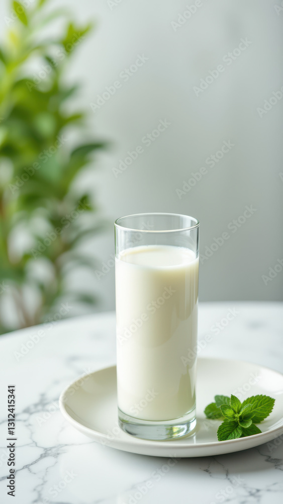 A glass of fresh milk with a slice of lemon on a white plate placed on marble countertop. A glass of fresh milk with a slice of lemon on a white plate placed on marble countertop.