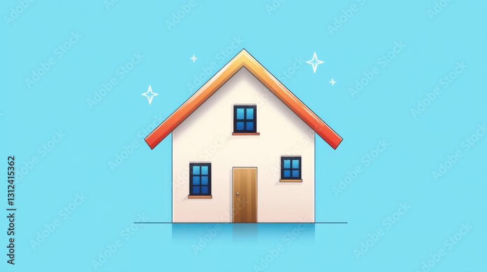 Simple illustration of a small house with orange roof, two windows and a brown door against a light blue background.